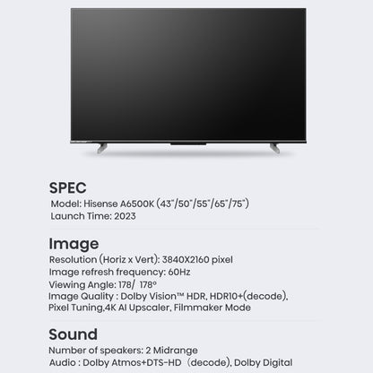 HISENSE 65A6500K 65 Inch 4K UHD Google TV Smart LED 2023