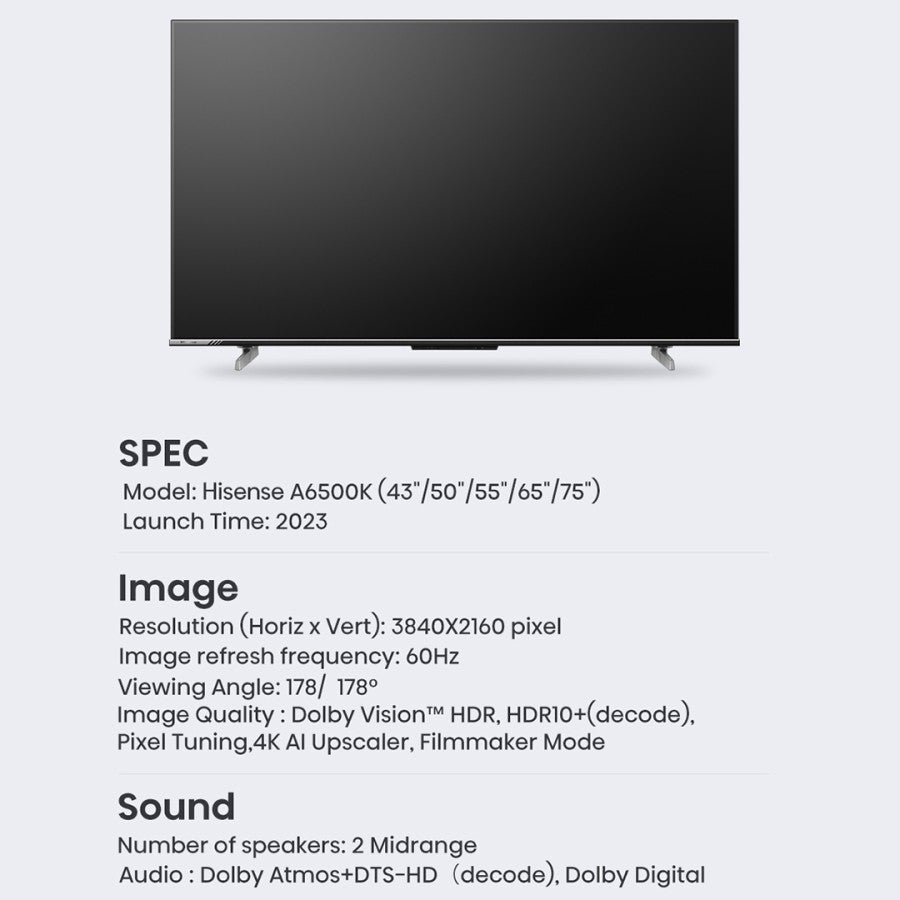 HISENSE 75A6500K 75 Inch 4K UHD Google TV Smart LED 2023