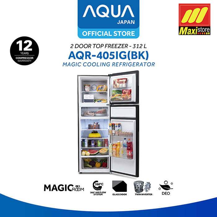 AQUA AQR-405IG BK Kulkas 2 Pintu [312 L] Inverter Glass Door