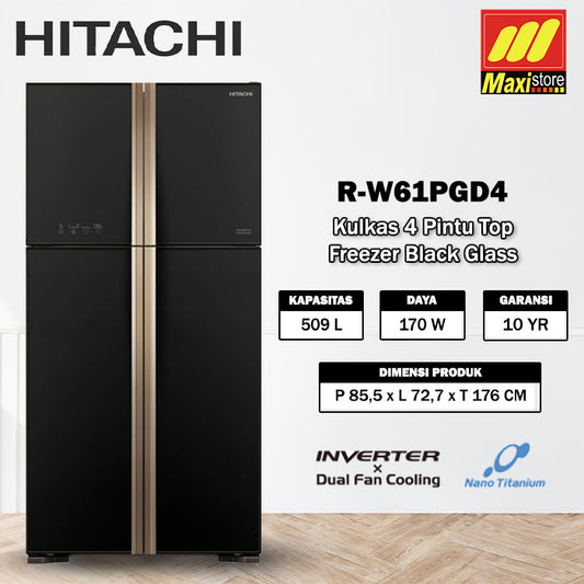 HITACHI R-W61PGD4 Kulkas 4 Pintu [509L] Inverter, Black Glass