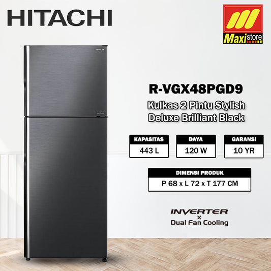 HITACHI R-VGX48PGD9 BBK Kulkas 2 Pintu [443L] Inverter Brilliant Black