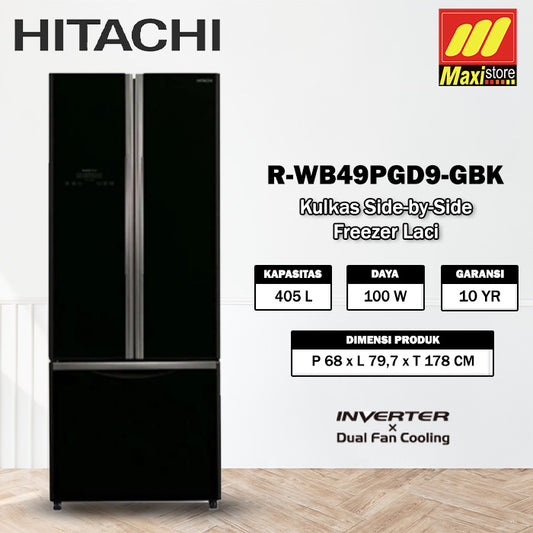 HITACHI R-WB49PGD9-GBK Kulkas 3 Pintu [405L] Inverter Black Glass