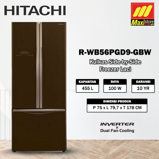 HITACHI R-WB56PGD9-GBW Kulkas 3 Pintu [455L] Inverter Brown Glass