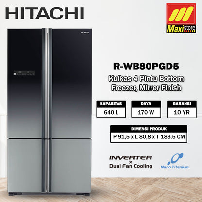 HITACHI R-WB80PGD5 Kulkas 4 Pintu [640L] Inverter, Mirror Finish