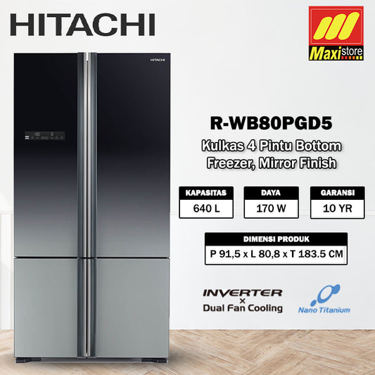 HITACHI R-WB80PGD5 Kulkas 4 Pintu [640L] Inverter, Mirror Finish